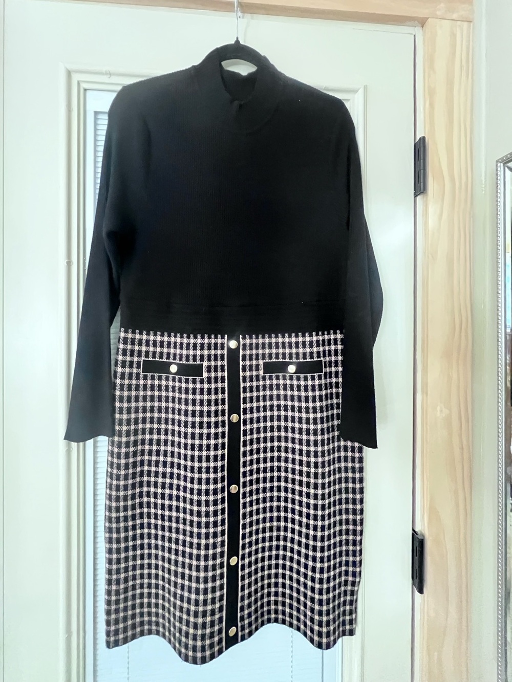 Dress - Black Knit Top with Black-and-White Checked Skirt